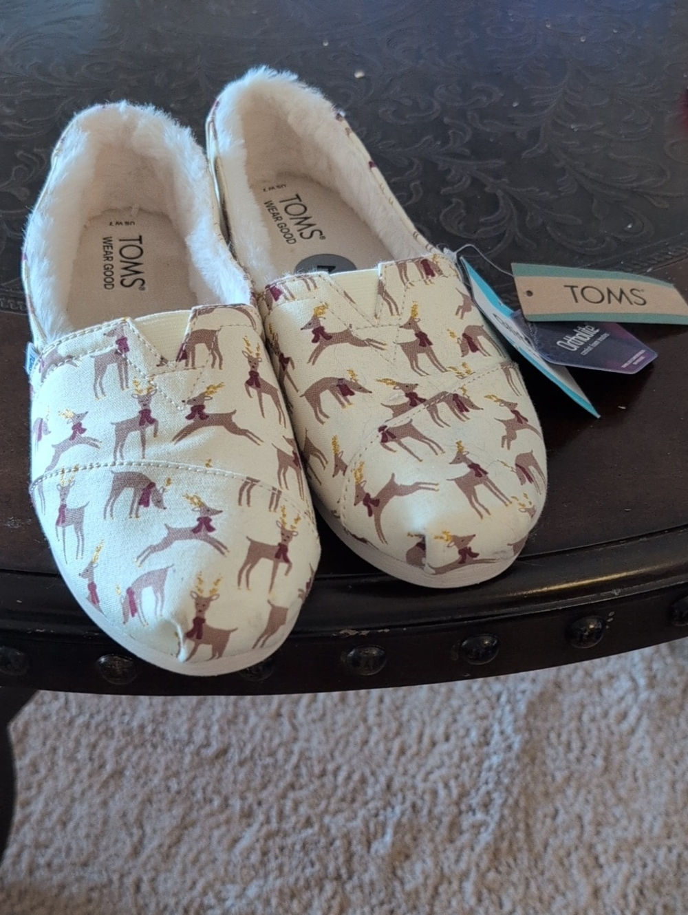 TOMS Womens Cream Reindeer Print Slip-Ons